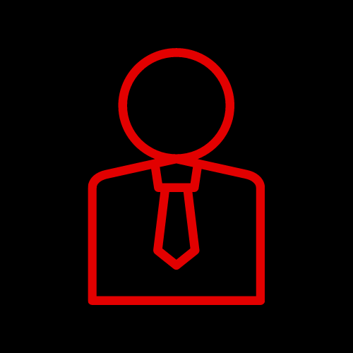 Red icon of an outline of a person with necktie on a black background.