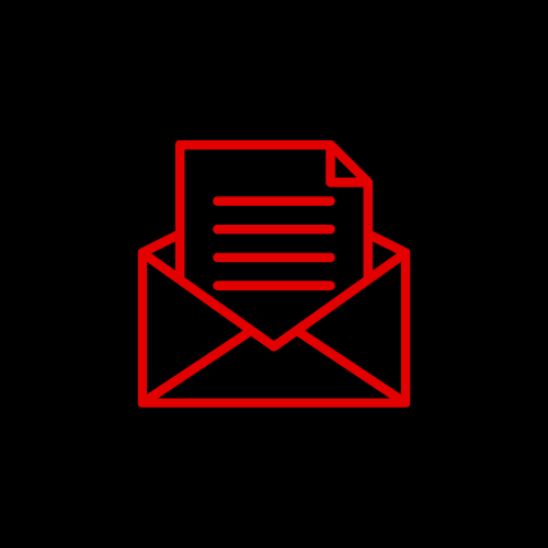 Red icon of a letter standing up in an envelope on a black background.