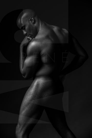 Black and white fine art photo showing a sideview of a nude black man from head to mid thigh with one arm bent and chin resting on closed fist.