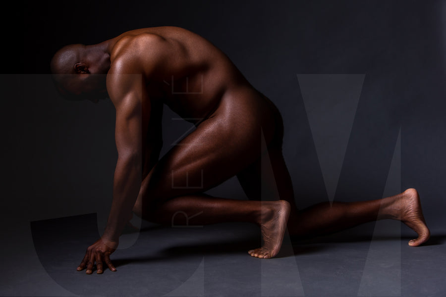 Fine art photo showing a sideview of a nude black man from head to mid thigh with one arm bent and chin resting on closed fist.